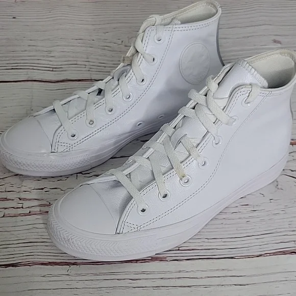 Converse All Star White Leather High Top Sneakers Women's Size 8 - Picture 2 of 11